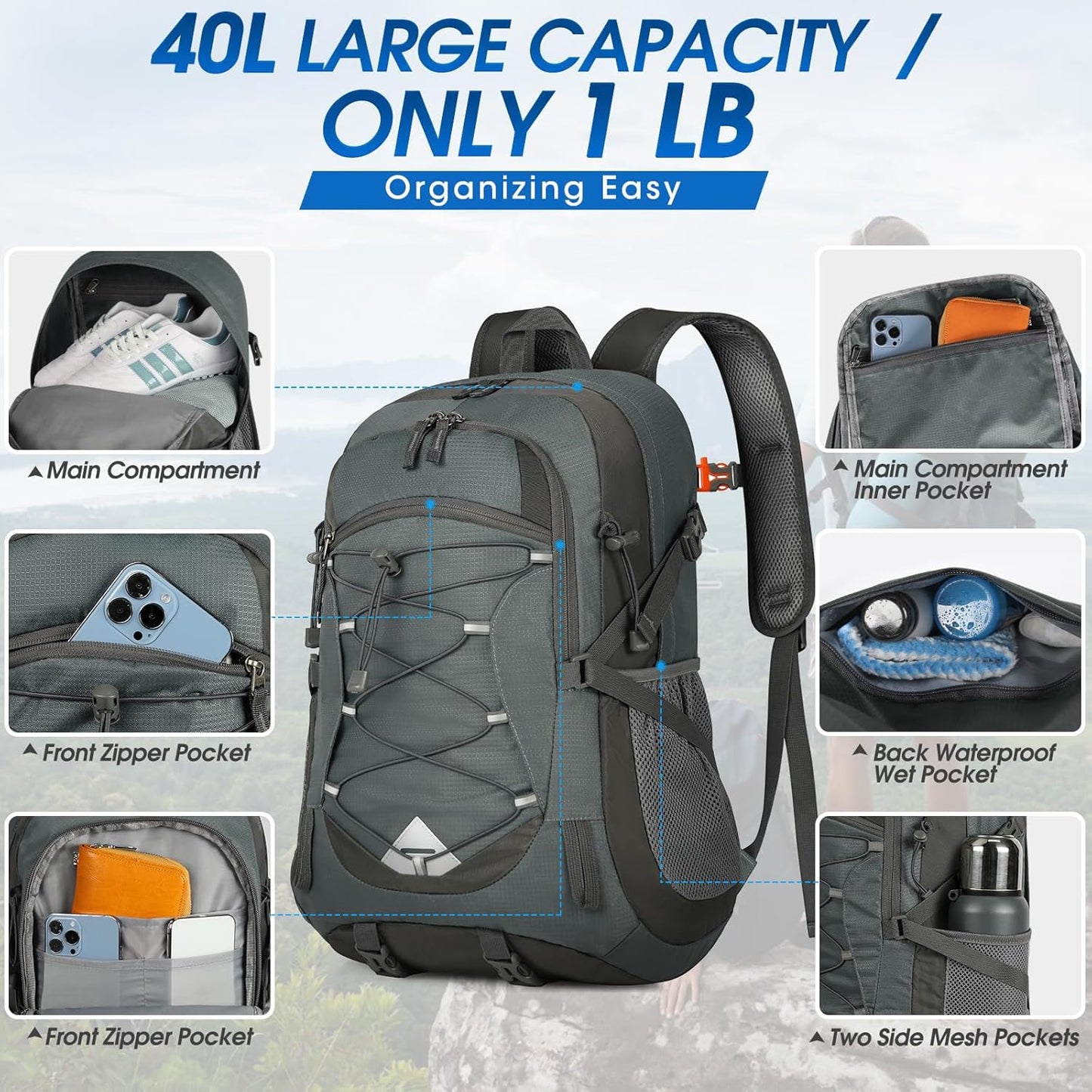 IGOLUMON Hiking Backpack 40L Packable Lightweight Camping Backpack Men Women Waterproof Hiking Daypack Outdoor Travel Daypack