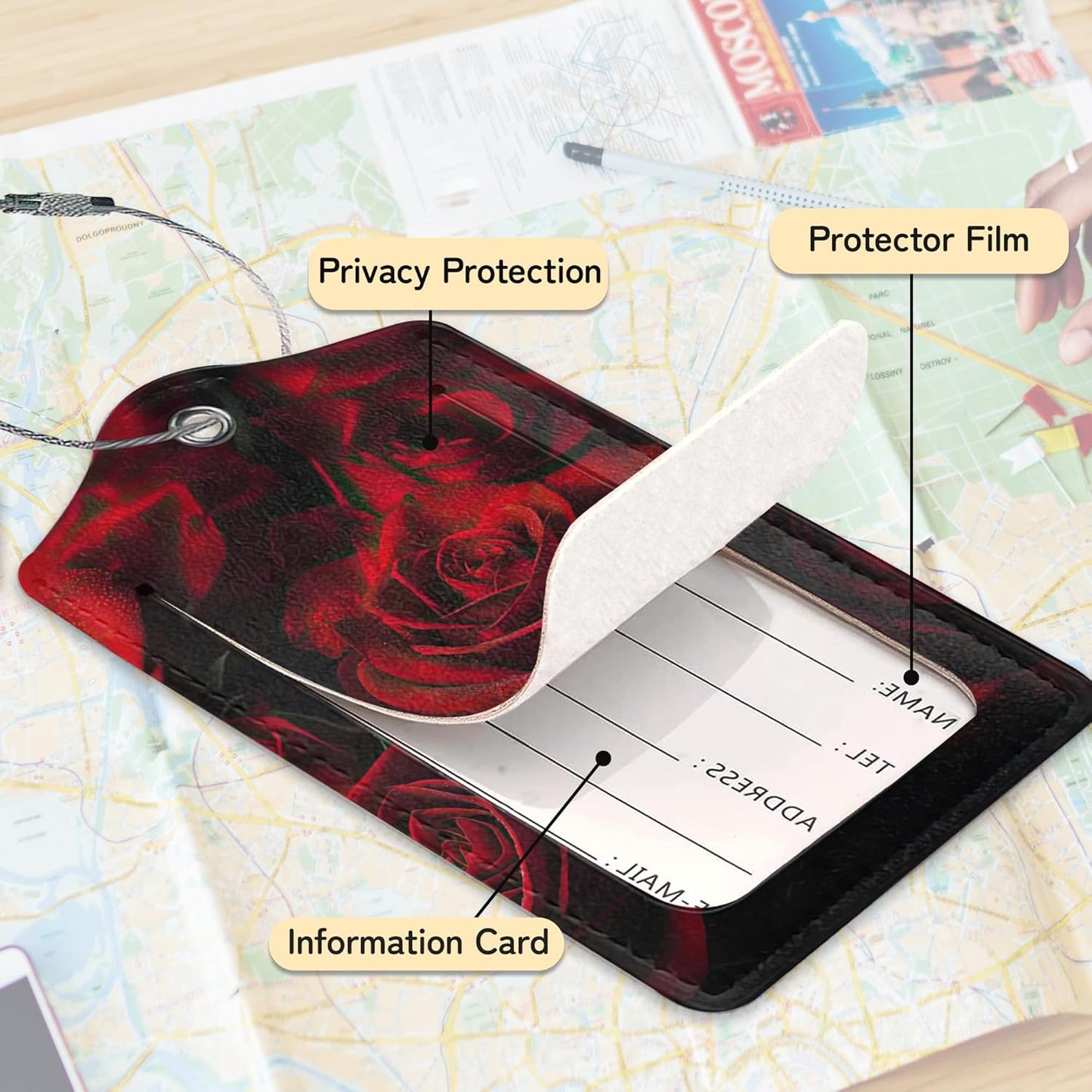 3 Pack Red Rose Luggage Tags for Suitcases, Cute Leather Name Tag with Privacy Cover with Stainless Steel Loops, Travel ID Bag Tags for Women Men