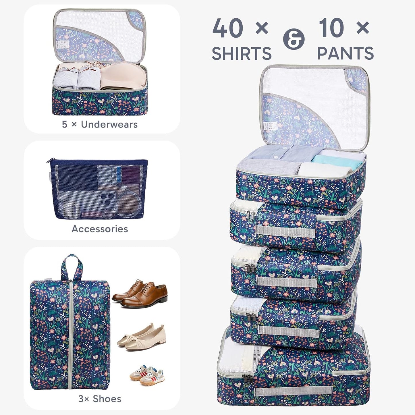 ALL INCLUDED 10 Set Durable Packing Cubes for Suitcases,OlarHike Essentials for Travel,UPGRADED Anti-Tear Stitching, NEW Improved Luggage Packing Organizers for Travel Accessories (Dark Blue Floral)