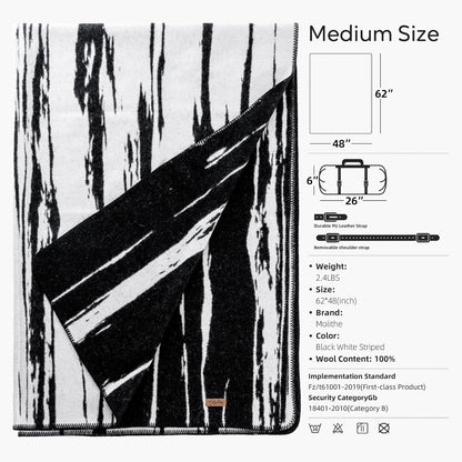 100% Wool Blanket, 48" x 62", Warm, Thick, Washable, Military Wool Blanket, Great for Camping, Outdoors, Sporting Events, Survival Kits,Black White Striped