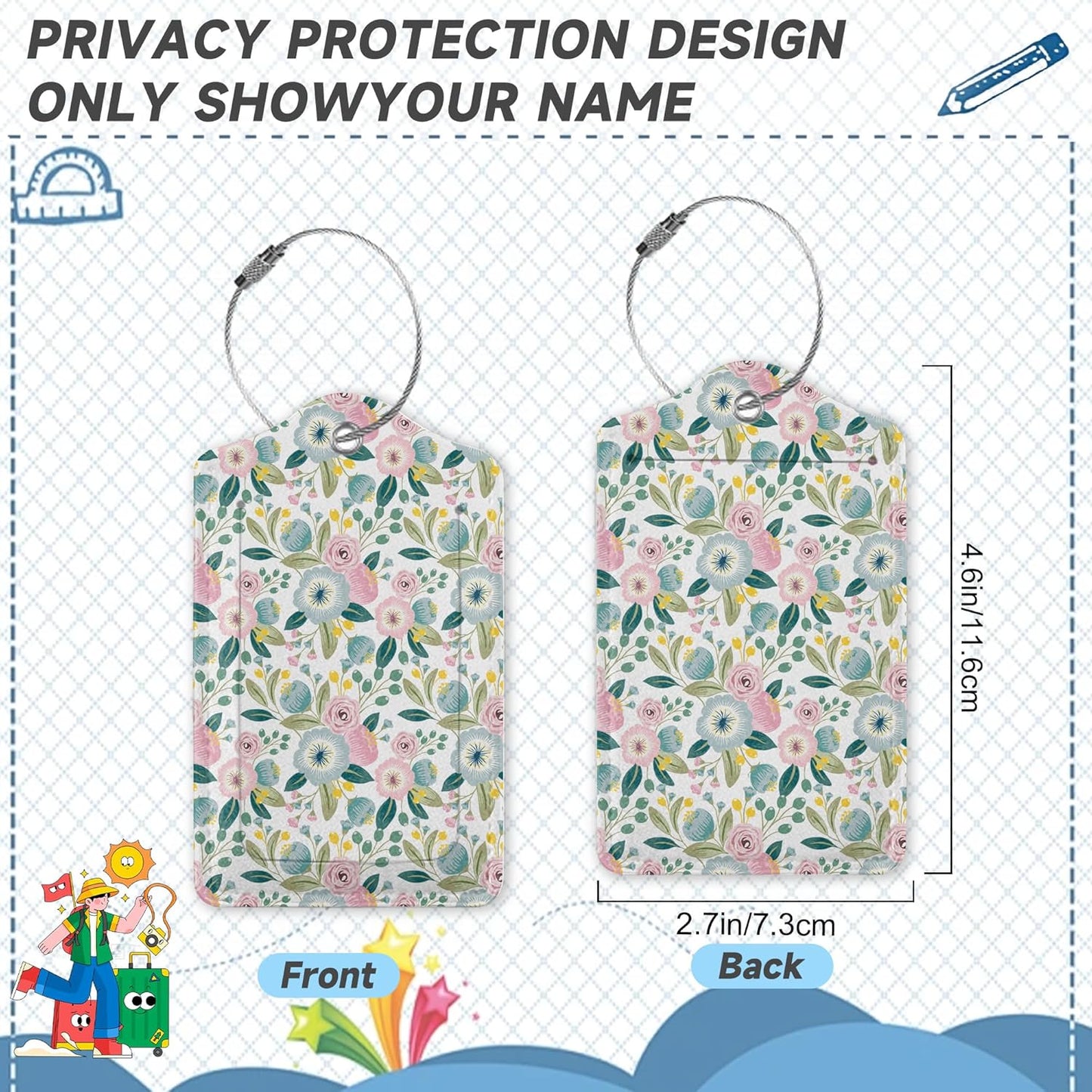 Set of 2 Luggage Tags for Suitcases, Leather Groovy Flower Baggage Tags with Stainless Steel Loop, Privacy Name ID Card Cover Kawaii Travel Labels for Women Men Kids Girls