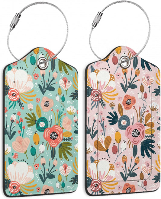 2 Pack Leather Luggage Tag for Suitcase Spring Flowers Leaves Berries Unique Travel Tags with Privacy Cover ID Label & Stainless Steel Loop for Men and Women Baggage
