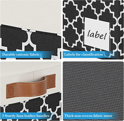 Large Storage Bins with Lids, Foldable Fabric Storage Baskets with Lids, Sturdy Storage Boxes with Labels and 3 PU Handles for Closet Home Bedroom Office (26L, 3 Packs, Black Plaid&White)