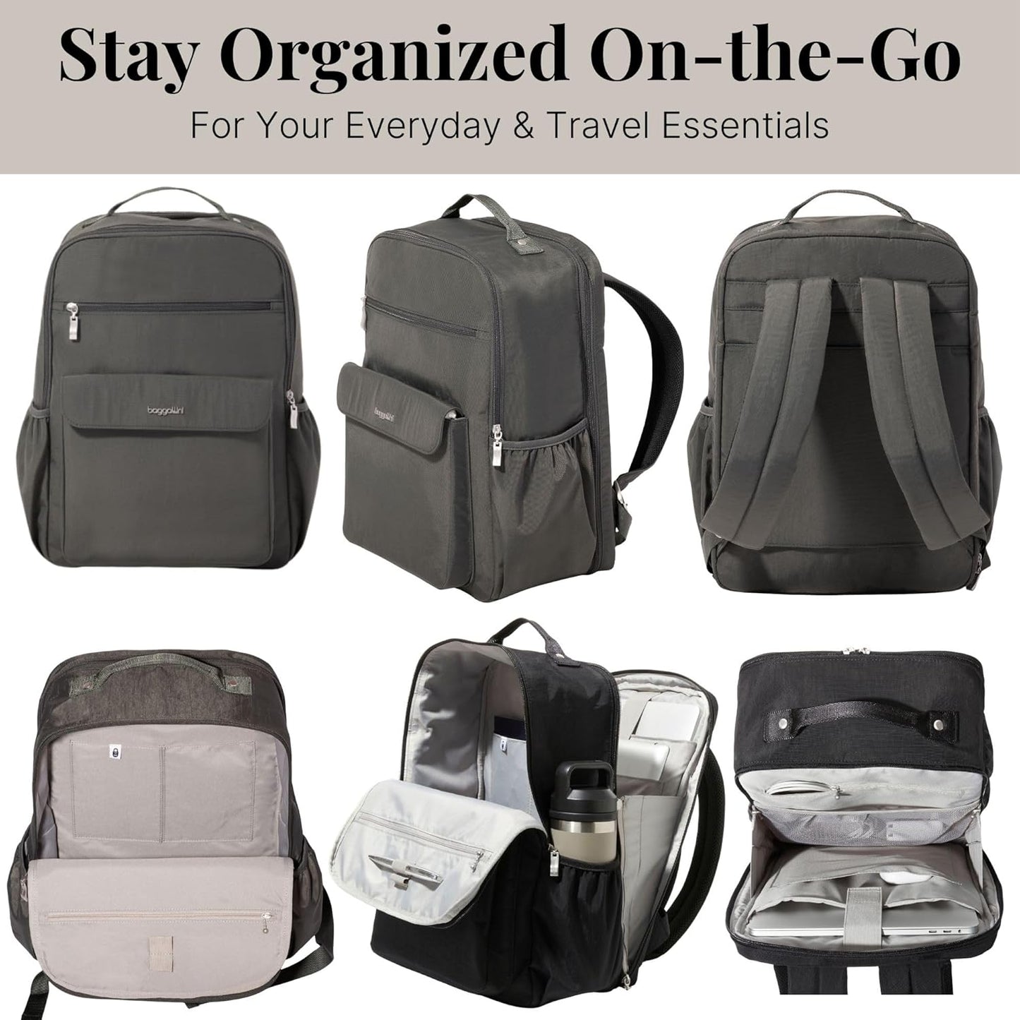 Baggallini Everyday Laptop Backpack - 11x15.5 Lightweight Water-Repellent Nylon Travel Bag w/Padded Laptop Sleeve & RFID