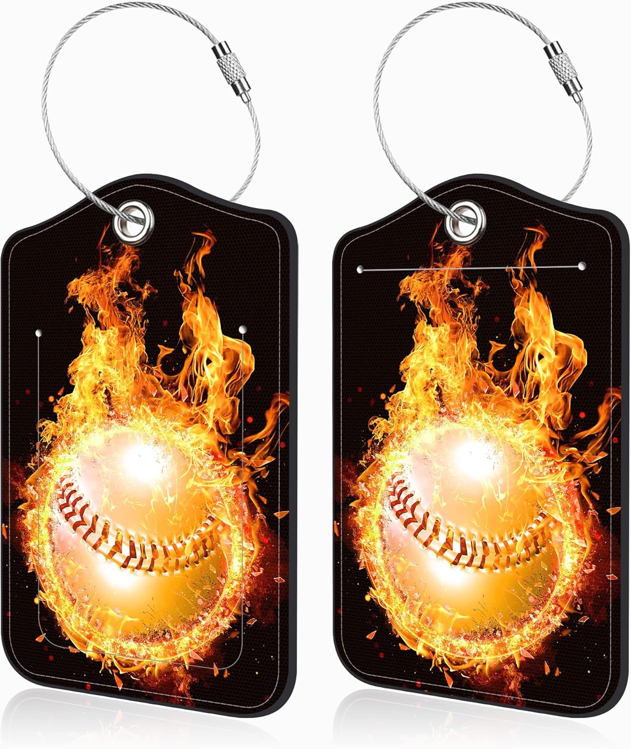 2 Pcs Baseball on Fire Luggage Tags for Suitcases PU Leather Baggage Tags Name ID Label with Privacy Cover and Stainless Steel Loop for Men Women Travel Bag Suitcase