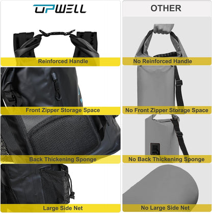 UPWELL 30L Waterproof Dry Bag Boating Backpack for Travel Hiking Camping Kayaking Hiking Swimming Floating Submersible Dry Bag Black