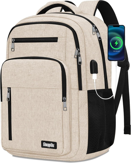 Beige Backpack for Men Women, School Backpack for Boys Girls Teens, 15.6 Inch Laptop Backpacks with USB Port, Water Resistent Book bag, Work College Bookbag, back pack, Mochila para hombre