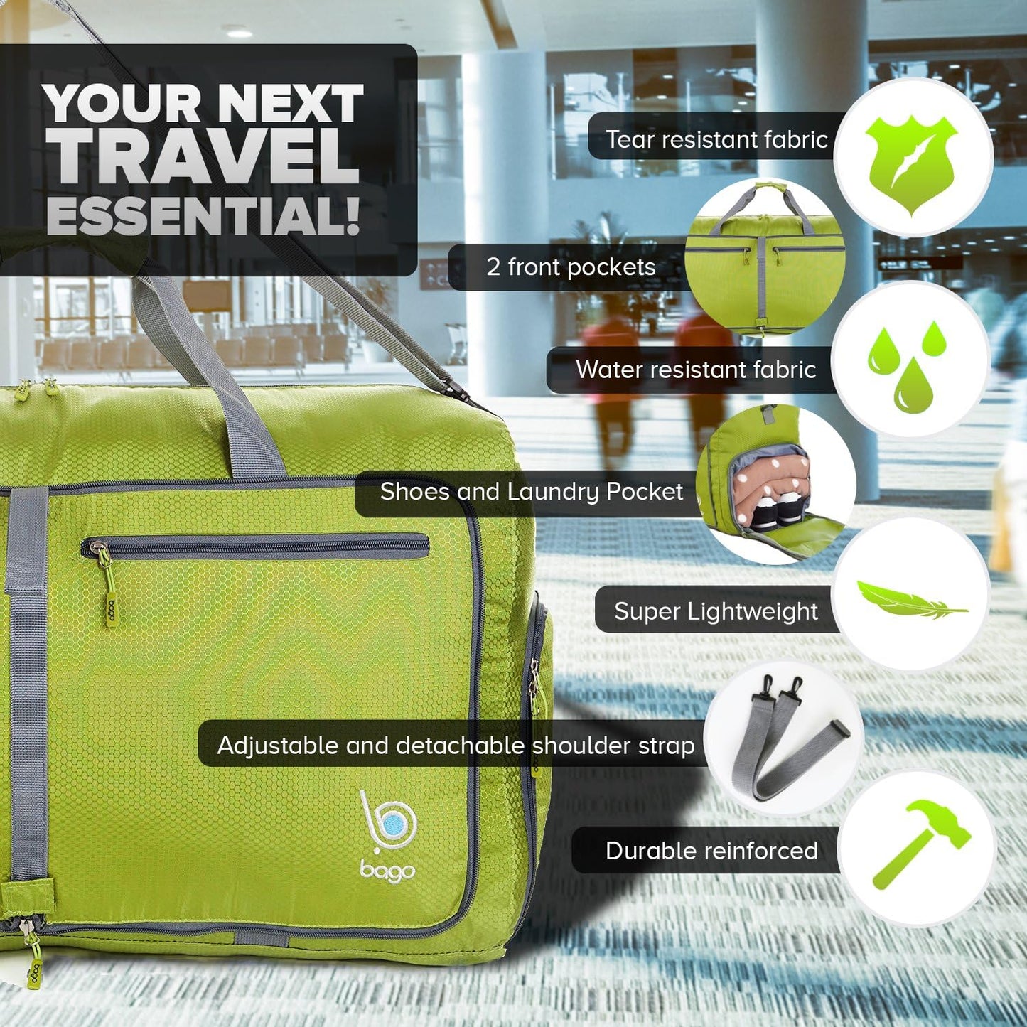 Bago Large Foldable Duffel Bags for Traveling Women & Men - 80L Packable Duffle Bag for Travel with Shoe Compartment - Water Repellant, Heavy Duty, Lightweight Folding & Collapsible (Green)