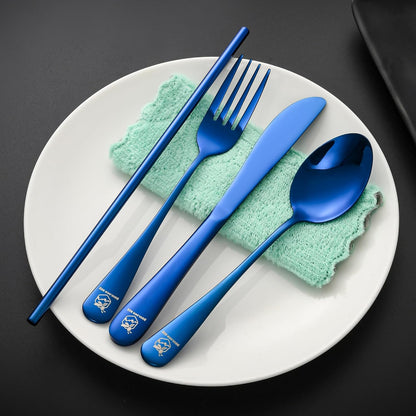 Boulder Bee | Travel Utensils Set | Reusable Camping Cutlery Set | Stainless Steel Flatware Set | Portable Silverware Set with Case | Includes Knife/Fork/Spoon/Straw/Cleaning Cloth/Case (Blue)