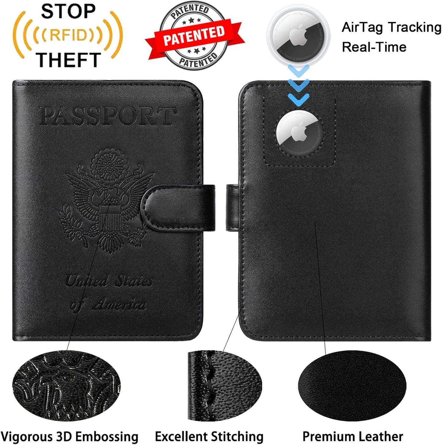 Airtag Passport Holder Cover Wallet RFID Blocking Leather Case Travel Essentials Luggage Accessories Travel Must Have(118#Black)