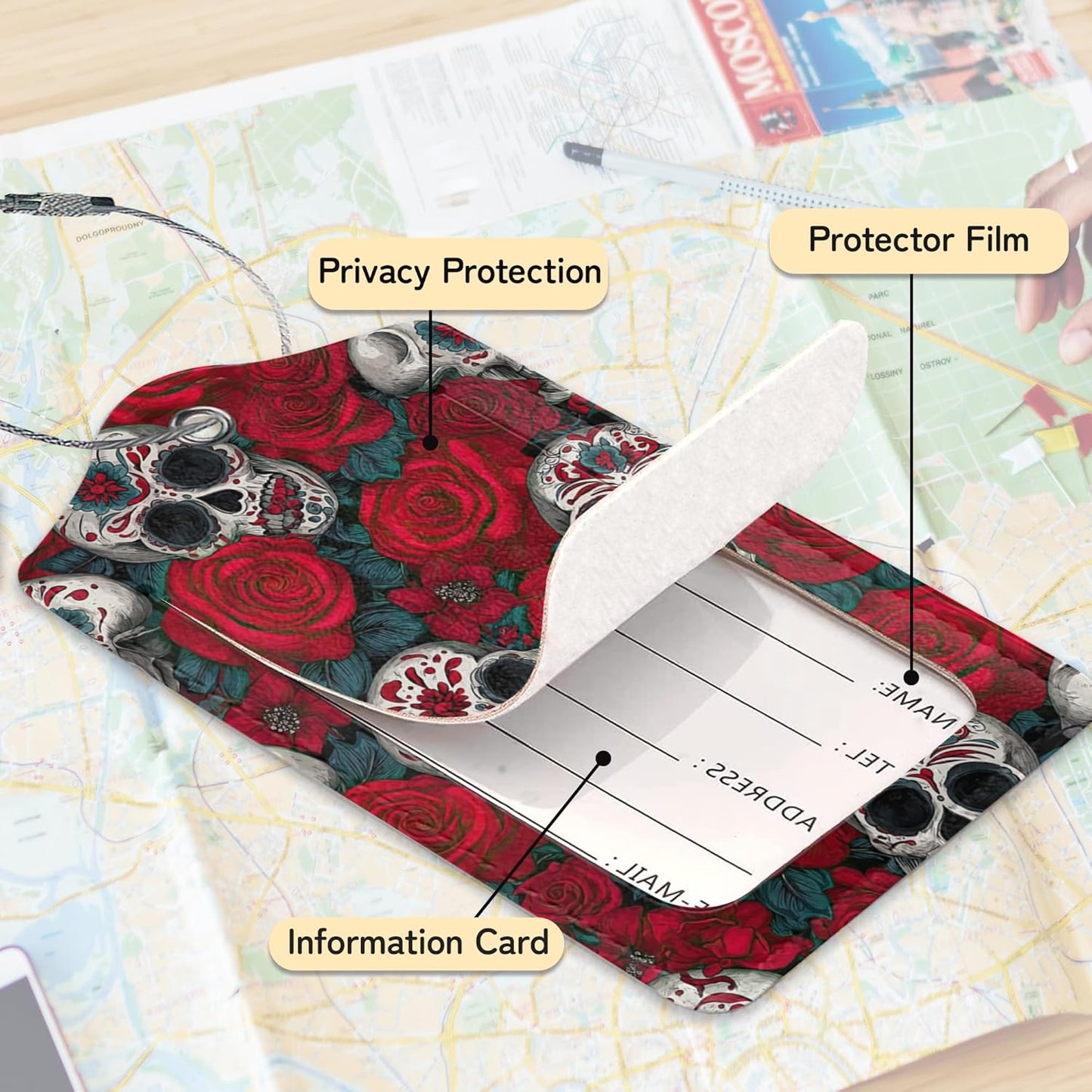 3 Pack PU Sugar Skull and Flowers Leahter Luggage Tag with Stainless Steel Loop,Travel Suitcase Labels with Privacy Cover ID Label Quickly Spot for Bags