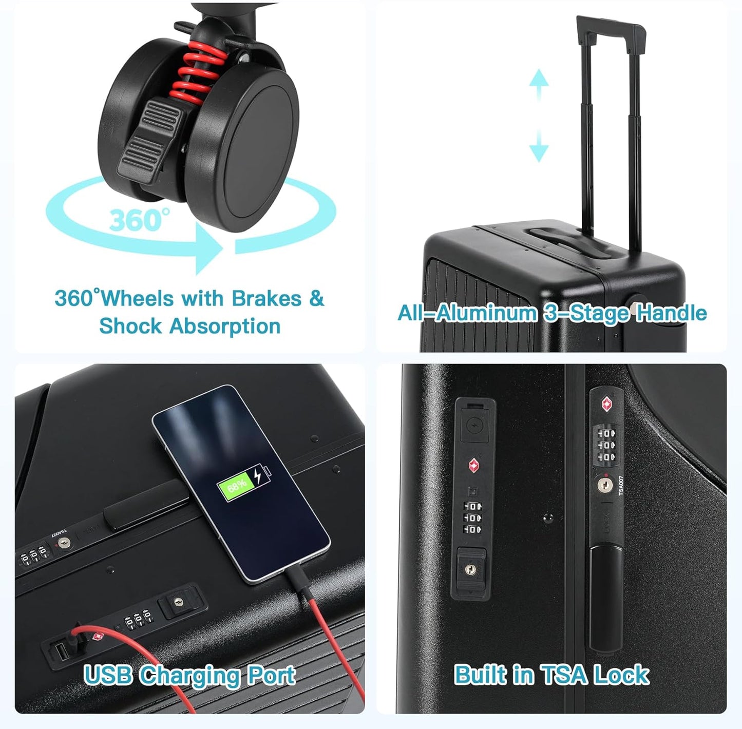 22" Ride On Luggage with Seat for Kids & Adults, Lightweight Hardside Ride-On Suitcase with Front Opening, TSA Lock, 360° Spinner Wheels, Black