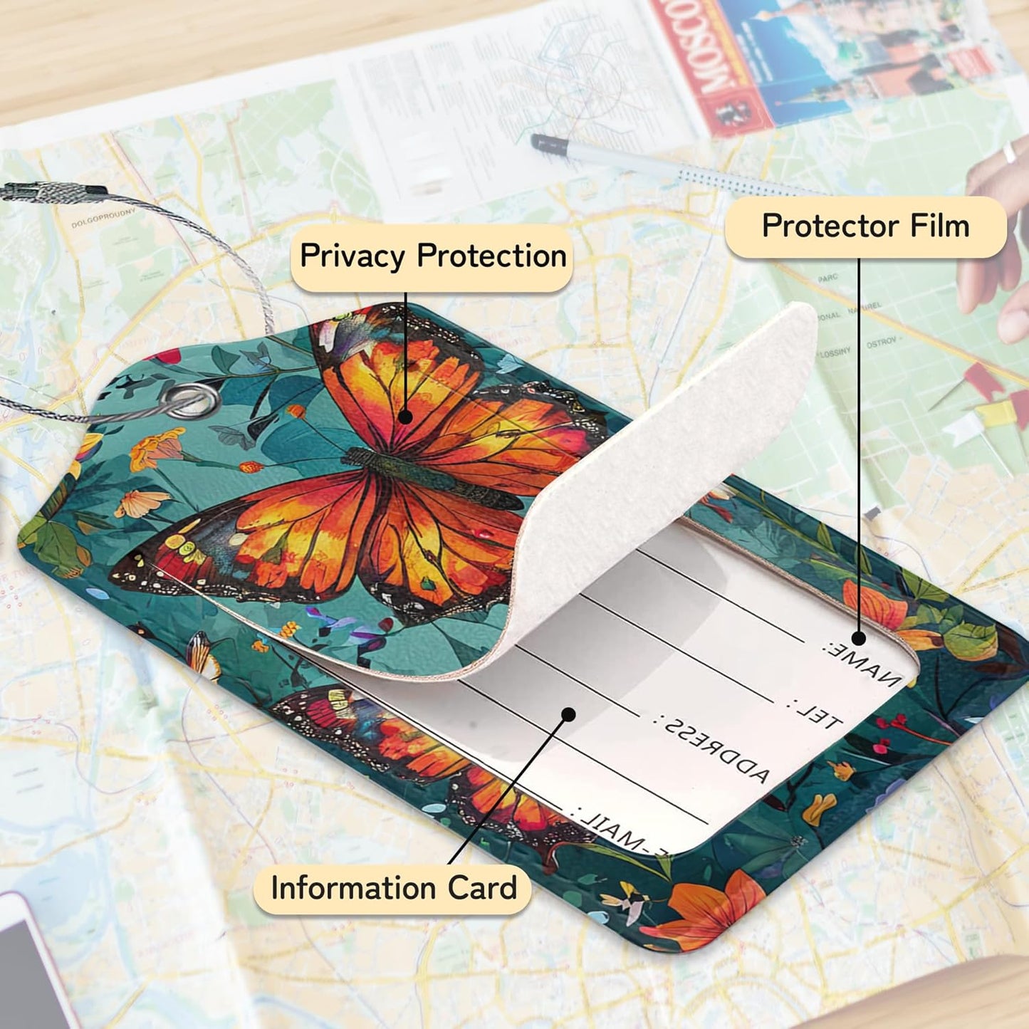 3 Pack Vintage Butterfly Wildflower Luggage Tags for Suitcases,Cute Leather Name Tag with Privacy Cover with Stainless Steel Loops, Travel ID Bag Tags for Women Men