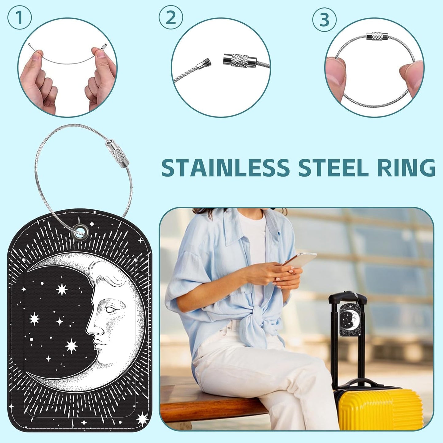 2 Pack Cute Luggage Tag for Suitcases Crescent Moon Leather Luggage Tags with Stainless Steel Loop Privacy Flap Name Tags,Men and Women Travel Bag Suitcase Tags