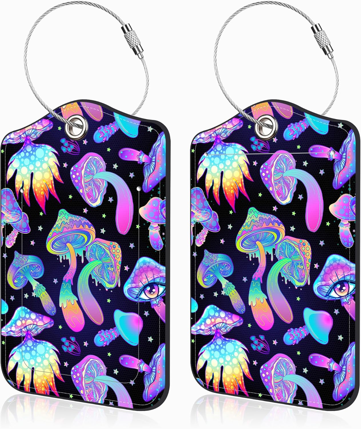 Colorful Mushrooms Set of 2 Luggage Tags for Suitcases Leather Suitcase Tags Identifiers with Privacy Name Address Label and Stainless Steel Loop for Women Men Travel Luggage Accessories