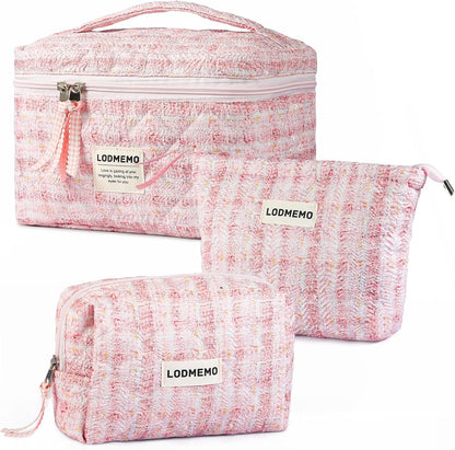 Makeup Bag 3 PCS Quilted Cosmetic Bags for Women, Large Travel Make up Bag Set Cute Cotton Toiletry Bag Organizer Pouch for Purse, Pink
