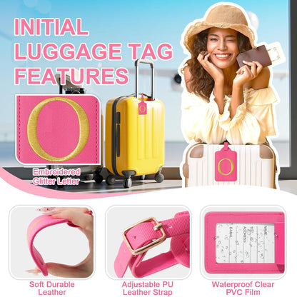 Personalized Initial Rose Red Leather Cute Luggage Tags with Privacy Cover Name Card, Embroidered Custom Monogram Travel Backpack Tag Gifts for Women Kids