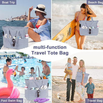 LEDAOU Large Beach Tote Bag Women Waterproof Sandproof Zipper Beach Tote Bag for Pool Gym Grocery Travel with Wet Pocket