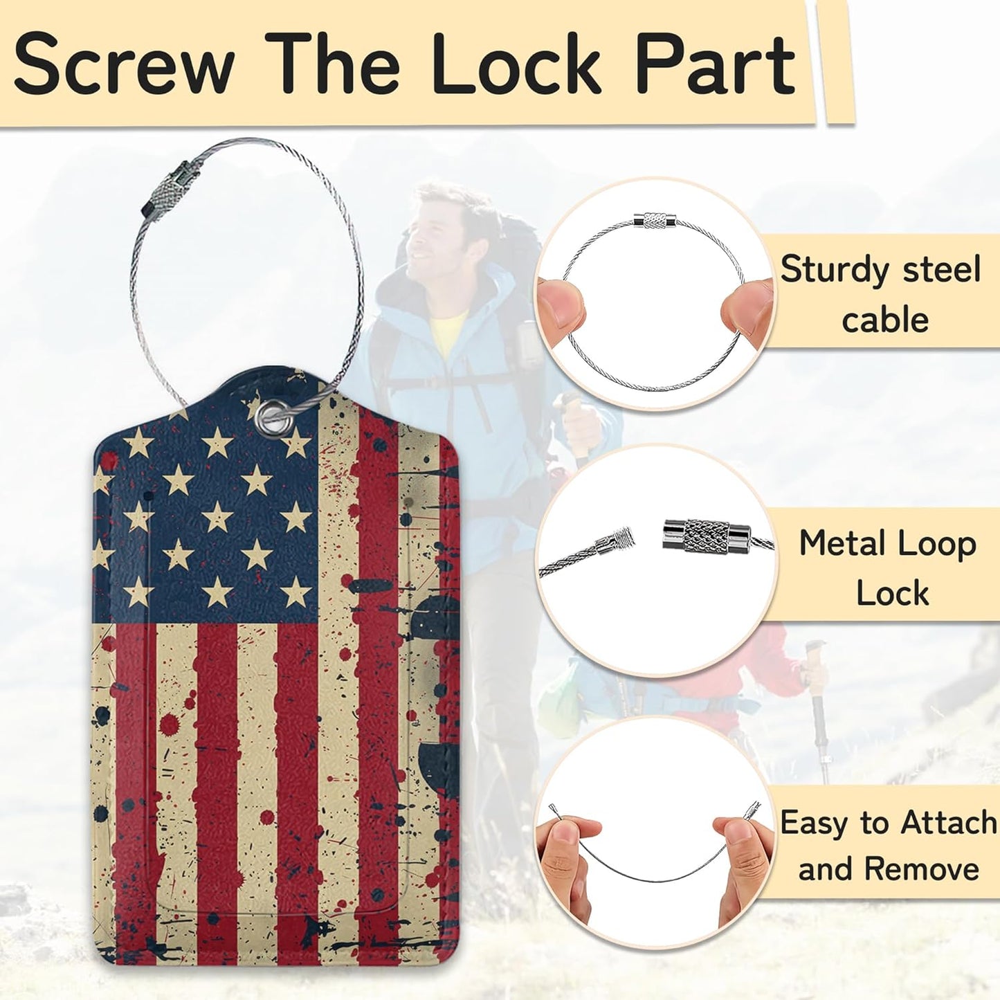 3 Pack PU Retro American Flag Leahter Luggage Tag with Stainless Steel Loop,Travel Suitcase Labels with Privacy Cover ID Label Quickly Spot for Bags