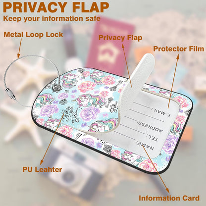 2 Pack PU Luggage Tags for Suitcase, Cute Unicorns Suitcase Tag Leather ID Label Bag Tags with Privacy Cover and Metal Loop for Men Women Travel Bag