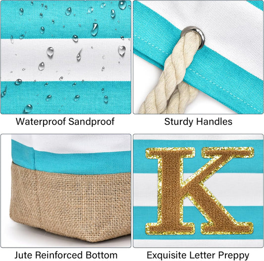 Becokan Beach Bag Initial Beach Tote with Makeup Bag for Travel Work Storage Personalized Birthday Gifts for Women Her