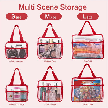 XEWEA Clear Travel Toiletry Bags, 3 Pack TSA Approved Transparent Makeup Bag for Men Women, Large Waterproof PVC Quart Organizer Kit with Zipper for Toiletries Airline Essential,Toy Storage Pouch Red