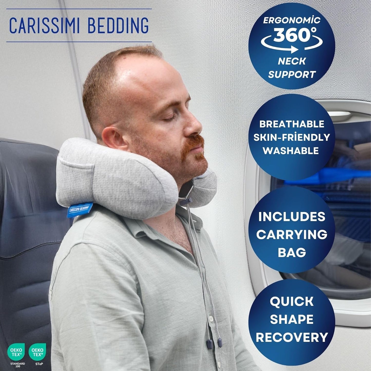 Travel Pillow with Bag – Compact Memory Foam Neck Pillow for Airplane, Car and Office – Ergonomic Design for Travel Comfort and Shoulder & Neck Support