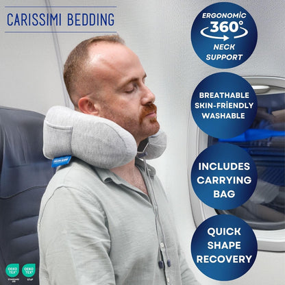 Travel Pillow with Bag – Compact Memory Foam Neck Pillow for Airplane, Car and Office – Ergonomic Design for Travel Comfort and Shoulder & Neck Support