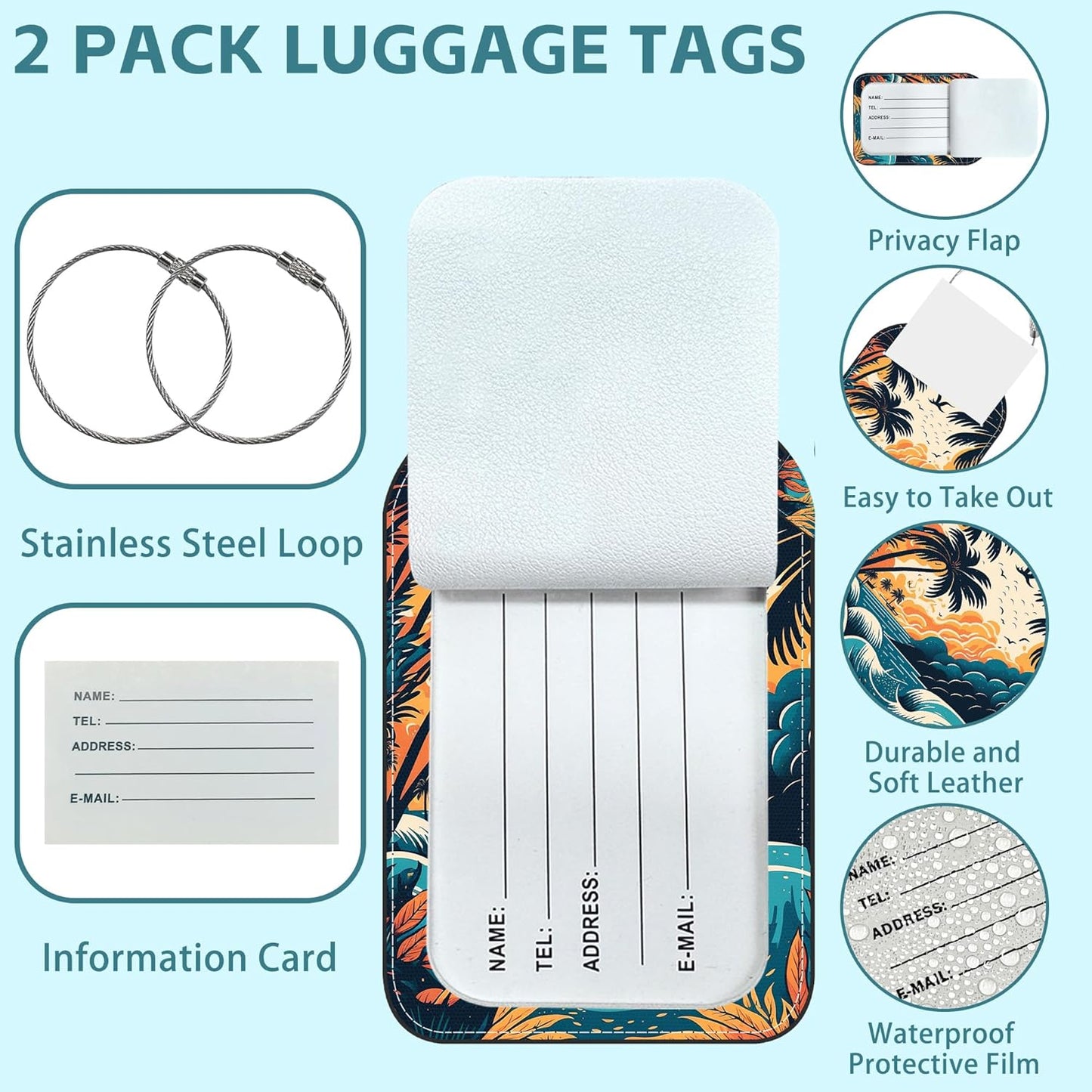 2 Pack Cute Luggage Tag for Suitcases Summer Beach Leather Luggage Tags with Stainless Steel Loop Privacy Flap Name Tags,Men and Women Travel Bag Suitcase Tags