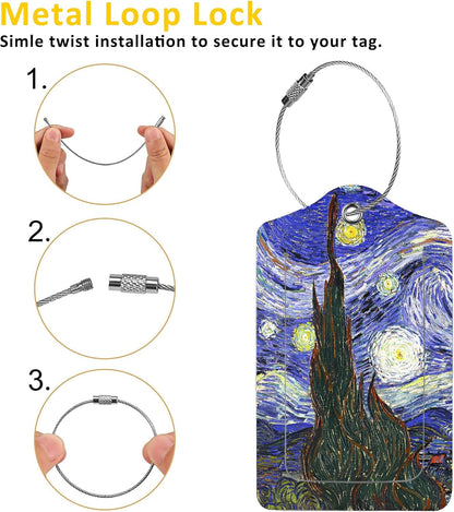2 Pack The Starry Night Luggage Tags for Suitcases,Starry Night Van Gogh Leather Baggage Suitcases Tag Name ID Label Privacy Cover Travel Bag Tags for Women Men Boys Girls