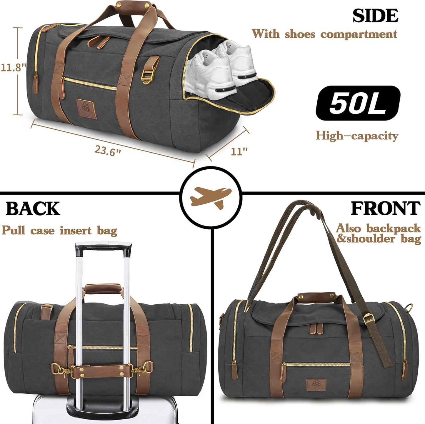 Vintage Canvas Duffle Bag, 50L Genuine Leather Travel Duffel Backpack Multifunctional Overnight Weekender Bag with Shoes Compartment Men (Black)