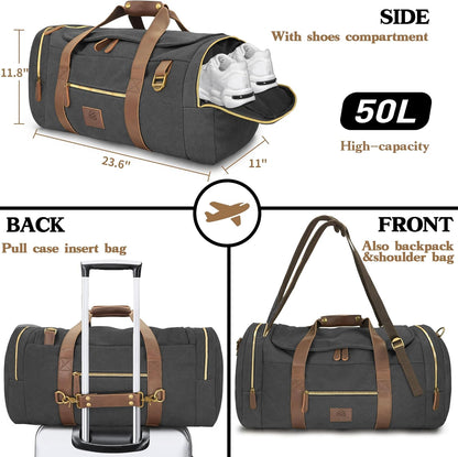 Vintage Canvas Duffle Bag, 50L Genuine Leather Travel Duffel Backpack Multifunctional Overnight Weekender Bag with Shoes Compartment Men (Black)