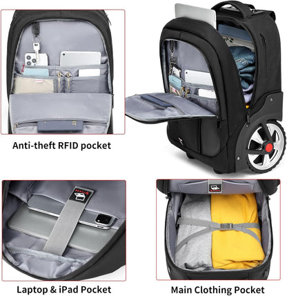Rolling Backpack,Waterproof Backpack with Wheels for Business and Travel Commuter, Carry on Backpack with Laptop Compartment, Fit 15.6 Inch Laptop, Wheeled Backpack for Adults, 18Inch