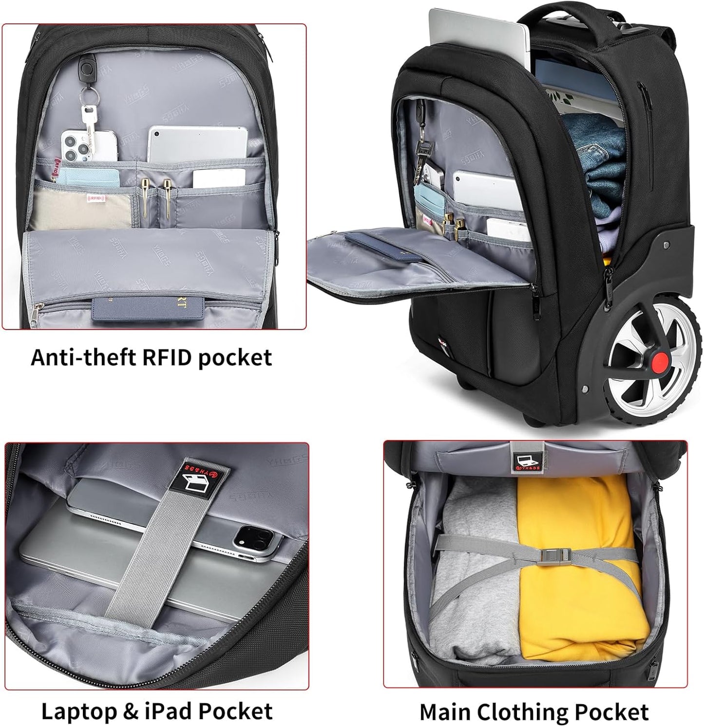 Rolling Backpack,Waterproof Backpack with Wheels for Business and Travel Commuter, Carry on Backpack with Laptop Compartment, Fit 17 Inch Laptop, Wheeled Backpack for Adults