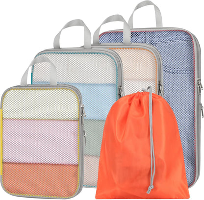Cambond Compression Packing Cubes for Travel - 5 Set Multi-color See Through Mesh Compression Cubes for Travel Essentials, Space Saving Luggage Packing Organizers Bags for Carry on Suitcases
