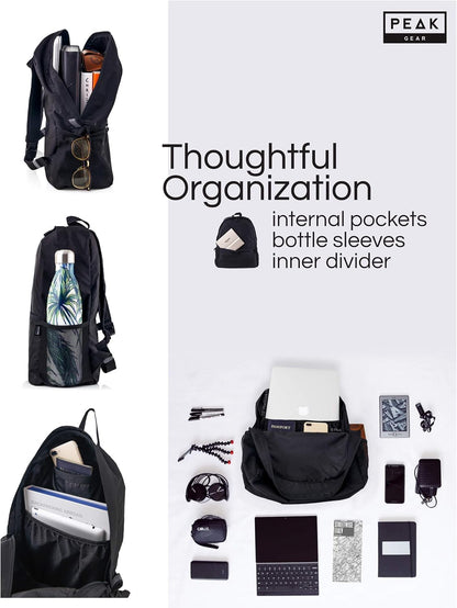 Peak Gear Foldable Backpack - Compact Packable Day Pack - Includes Lifetime Lost & Found ID
