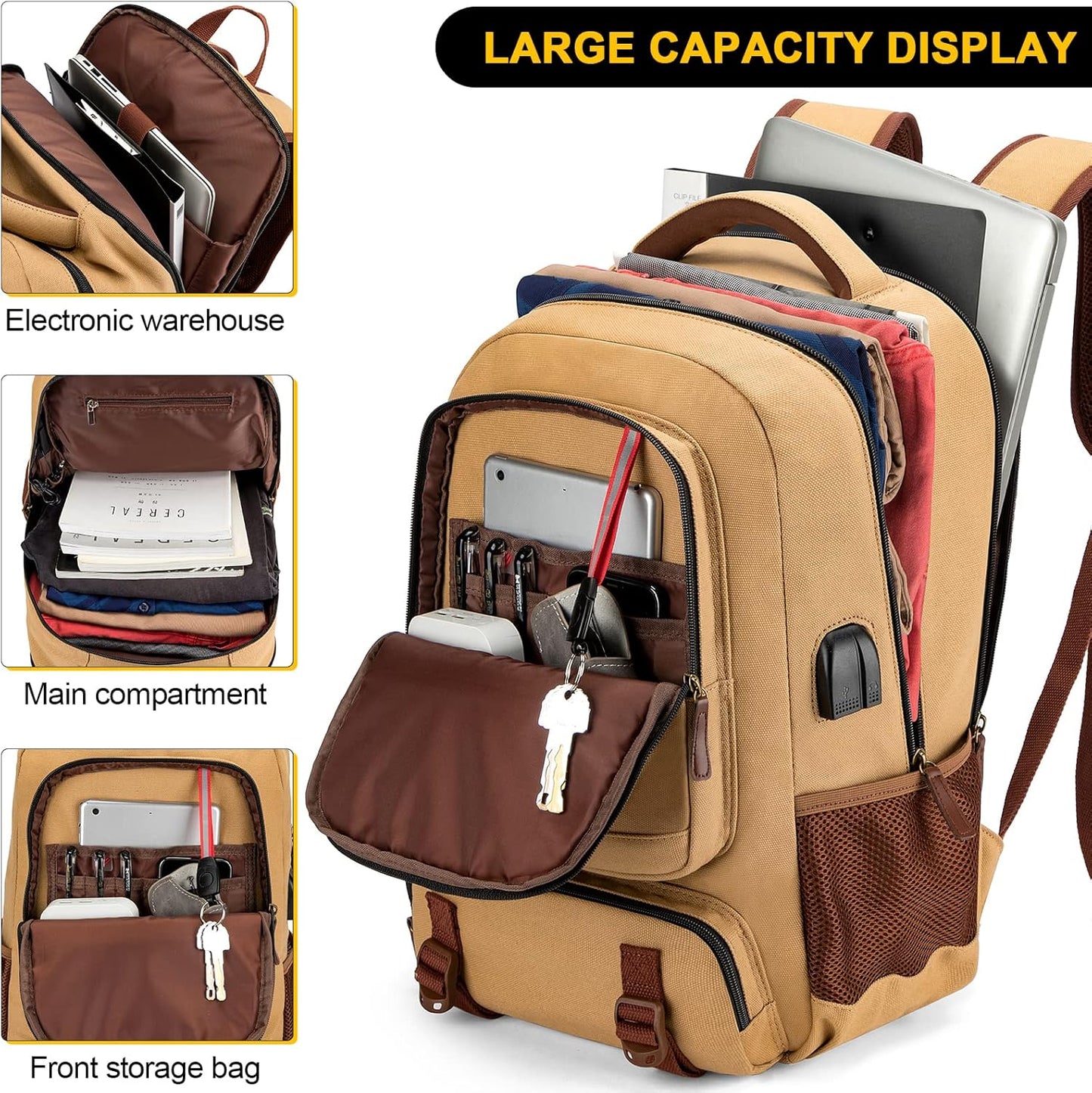 Tzowla Canvas Laptop Backpack, Bag for Men Women,Travel Work Rucksack Fits 17.3 Inch Laptop, Bookbag with USB Charging Port