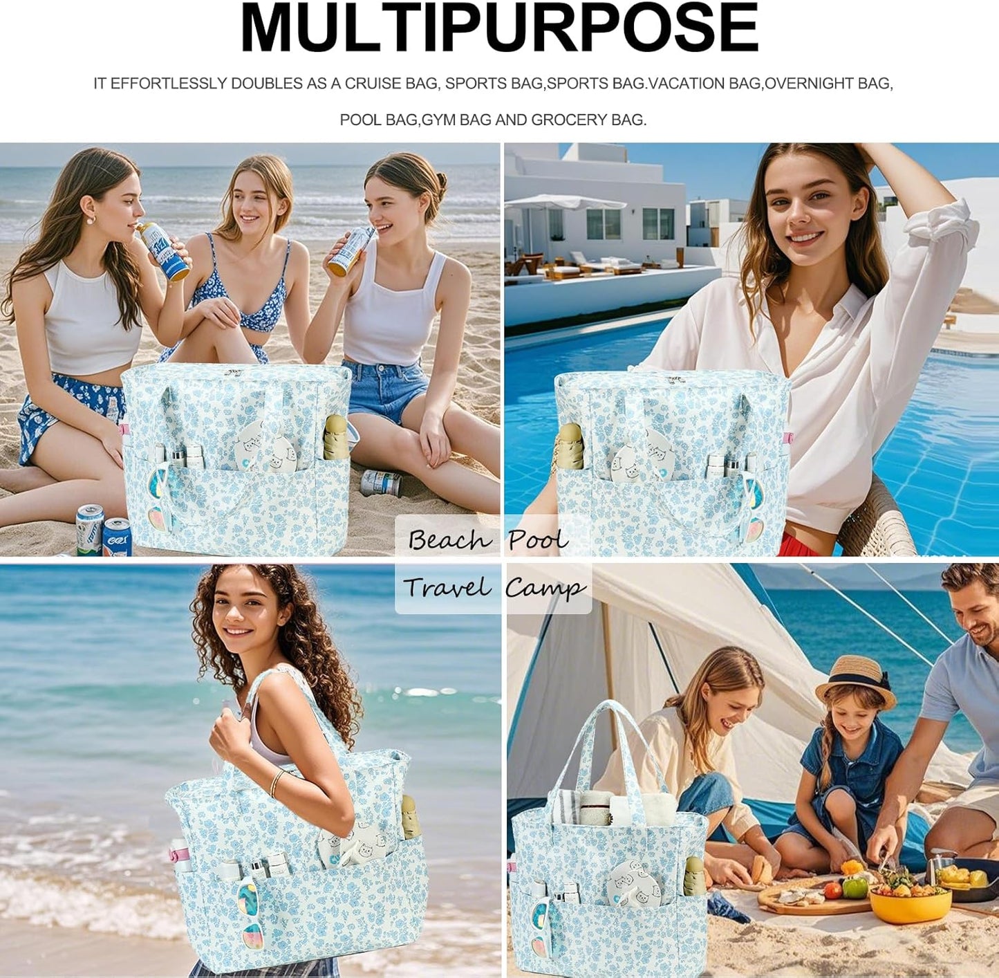 Waterproof Beach Tote Pool Bags for Women Ladies Extra Large Gym Tote Carry On Bag With Wet Compartment for Weekender Travel