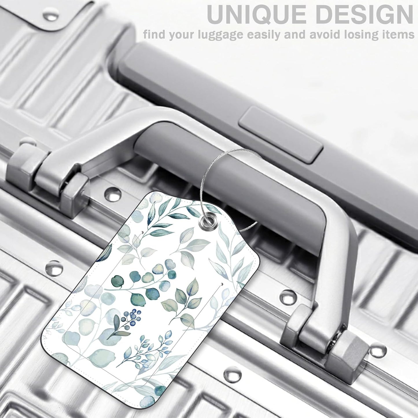 2 Pcs Green Eucalyptus Leaves Luggage Tags for Suitcases PU Leather Baggage Tags Name ID Label with Privacy Cover and Stainless Steel Loop for Men Women Travel Bag Suitcase