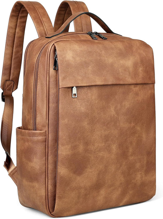 MASINTOR 15.6 inch PU Leather Laptop Backpack Purse for Women, Large College Casual Backpack Travel Bag Mocha Brown