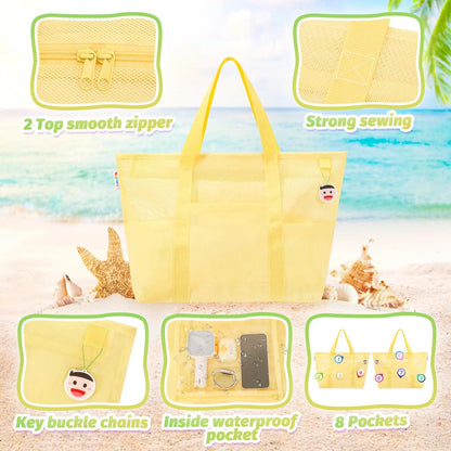 Tagitary Mesh Beach Bag with Zipper Large Beach Tote Waterproof Sandproof with 8 Pockets for Toys Pool Bag Beach Accessories