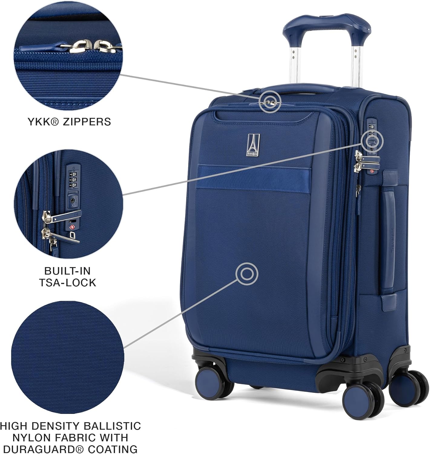 Travelpro VersaPack+ Lightweight Softside Expandable Carry on Luggage, 8 Spinner Suitcase, TSA Lock, Men and Women, Compact Carry On 20-Inch, Estate Blue