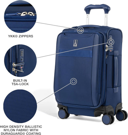 Travelpro VersaPack+ Lightweight Softside Expandable Carry on Luggage, 8 Spinner Suitcase, TSA Lock, Men and Women, Compact Carry On 20-Inch, Estate Blue