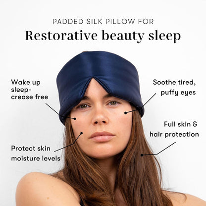 DROWSY Silk Sleep Mask. Face-Hugging, Padded Silk Cocoon for Luxury Sleep in Total Darkness. (Midnight Blue)