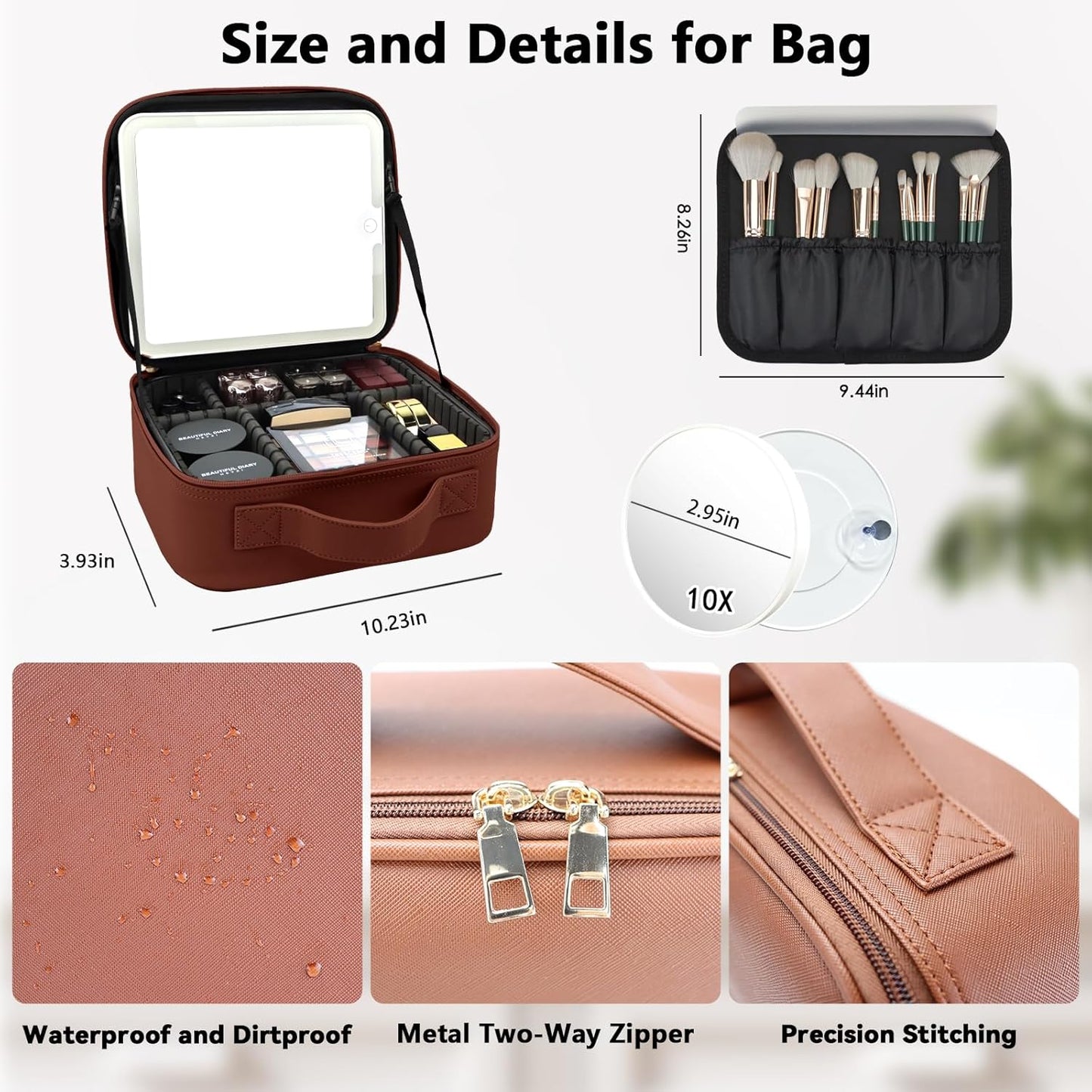Travel Makeup Bag with LED Mirror and 10x magnifying glass with 3 Lighted Settings, Adjustable Dividers and Makeup Brush Storage Bag Dark Brown