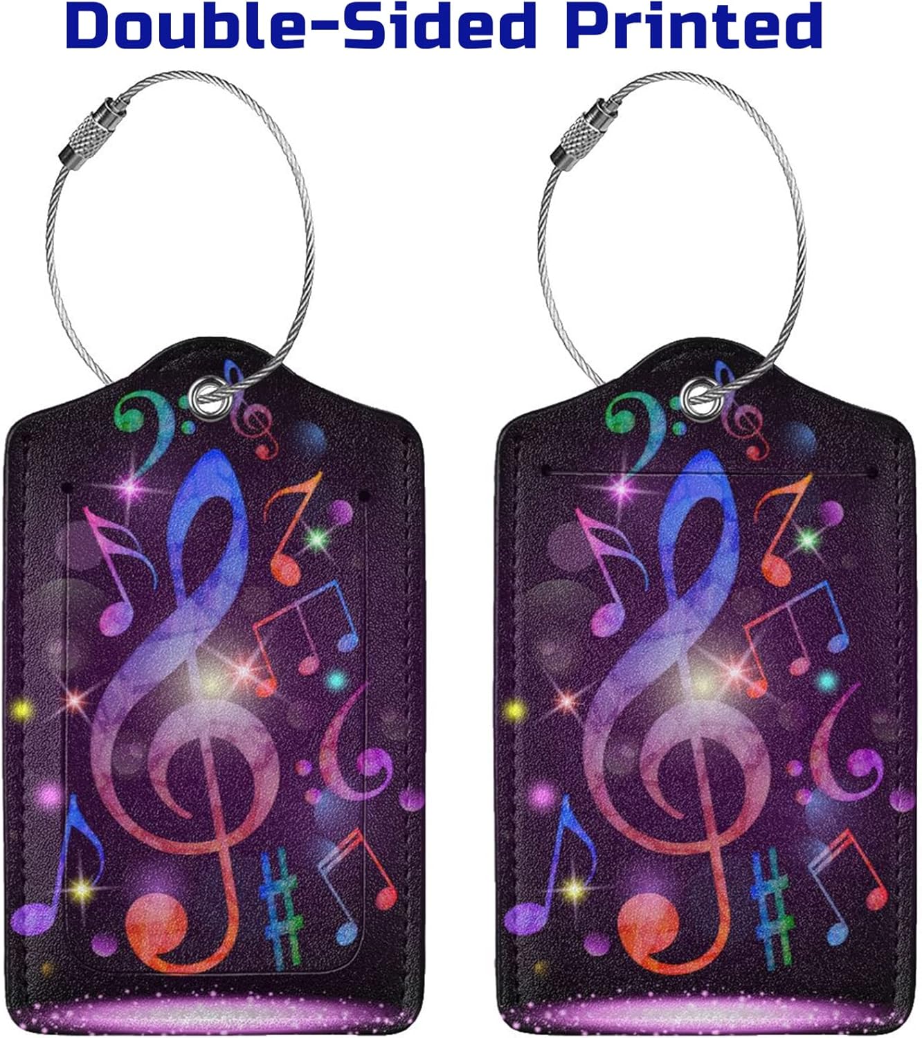 Set of 2 Music Note Luggage Tags with Full Back Privacy Suitcase Labels Identifiers, Colorful Purple PU Leather Baggage Tags for Music Lovers Women Men Girls Boys Travel