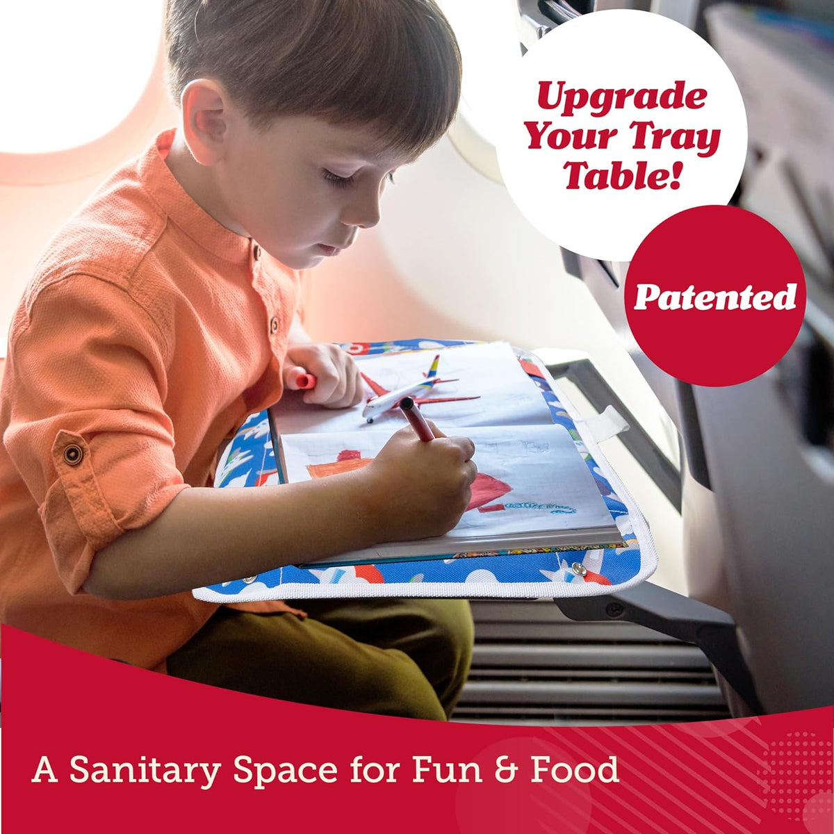 Lusso Gear Kids Airplane Tray Cover with Pockets - Airplane Essentials for Toddlers - Kids Travel Tray for Plane or Train - Organize Toys, Snacks - Tablet Holder - Flying Must Have (Dinos)