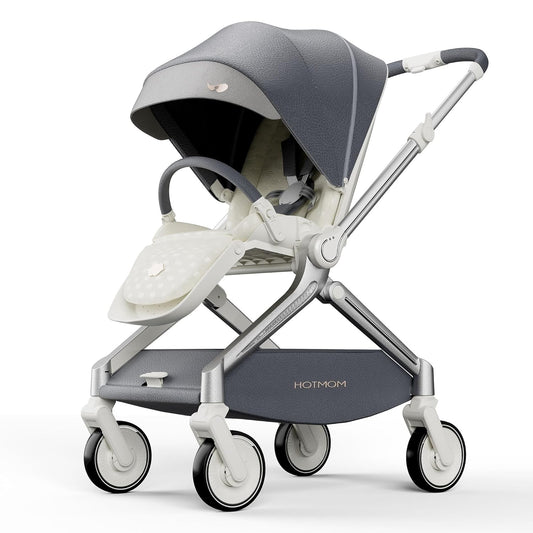 Hot Mom Baby Lightweight Stroller, Intelligent Seat Reversing，Double Brake and PU Anti-Shock Tire Combine Baby Pushchair, Newborn to Toddler's Baby Stroller, Grey
