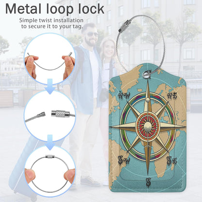 Retro World Map Luggage Tags for Suitcase,Nautical Compass Luggage Tags of Set 2 Leather Identifiers Privacy Cover with Stainless Steel Loop for Women Men Travel Bag Suitcase