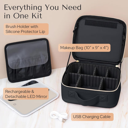 Makeup Bag with LED Mirror – Travel Cosmetic Organizer with Lighted Mirror, Adjustable Dividers & Brush Holder Storage – Portable PU Leather Makeup Case for Women & Girls - Black